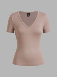 SHEIN EZwear 女式深 V 领紧身休闲短袖上衣和长袖打底 T 恤三件套，适合春夏季 - 彩色 - 查看 5
