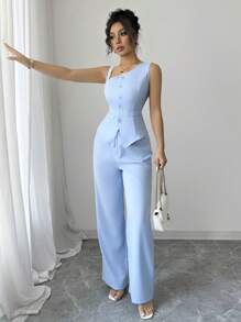 Elenzga 2pcs Spring/Summer Spaghetti Strap Button Sleeveless Vest And Straight Leg Button Pants Women Suit Set