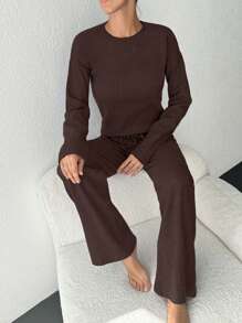 SHEIN Cottnline 100%Cotton Solid Tee & Drawstring Waist Pants - Brown - View 4