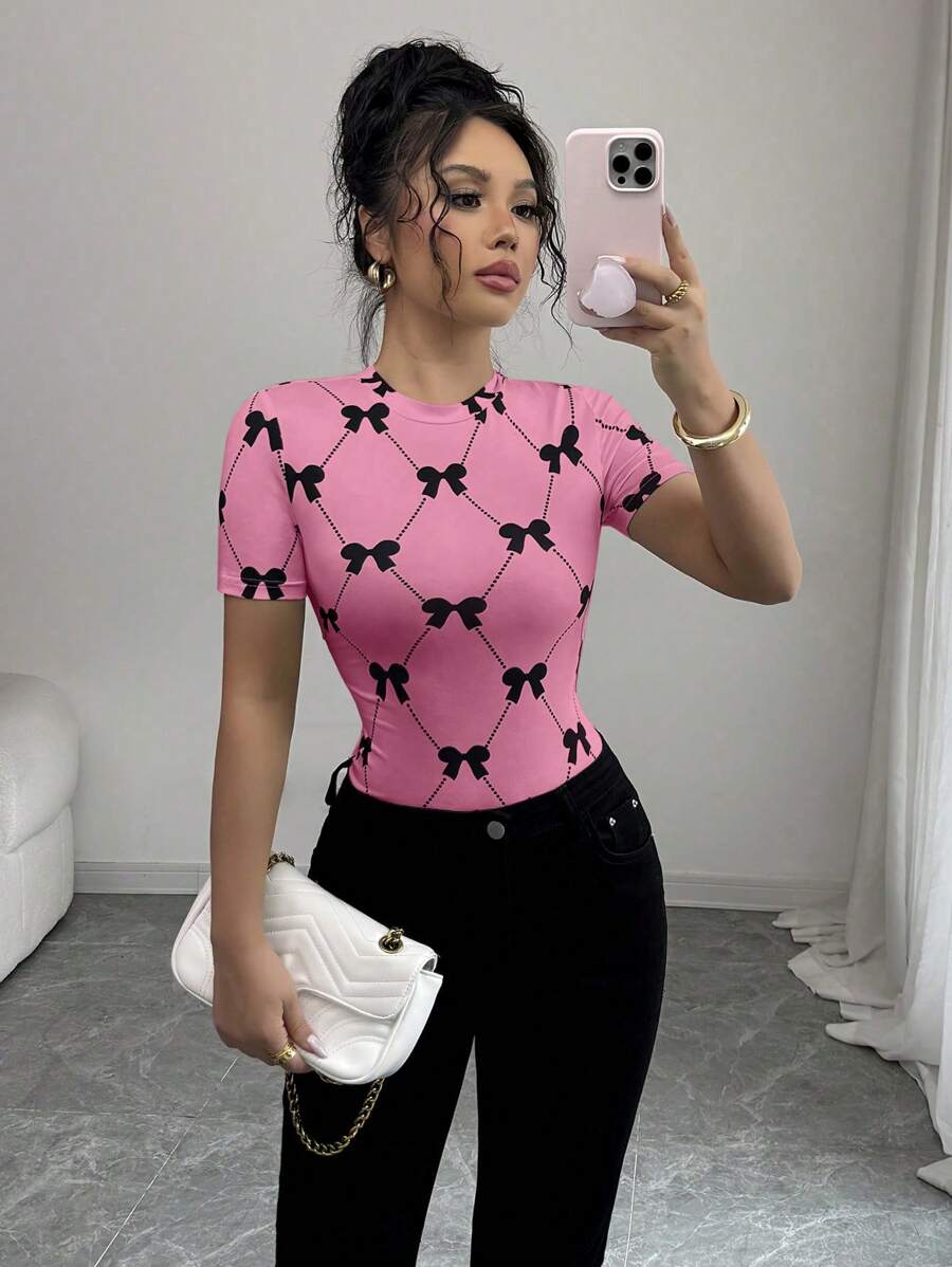 Elenzga 女式夏季休闲蝴蝶结印花圆领短袖修身T恤 - 粉色 - 查看 1