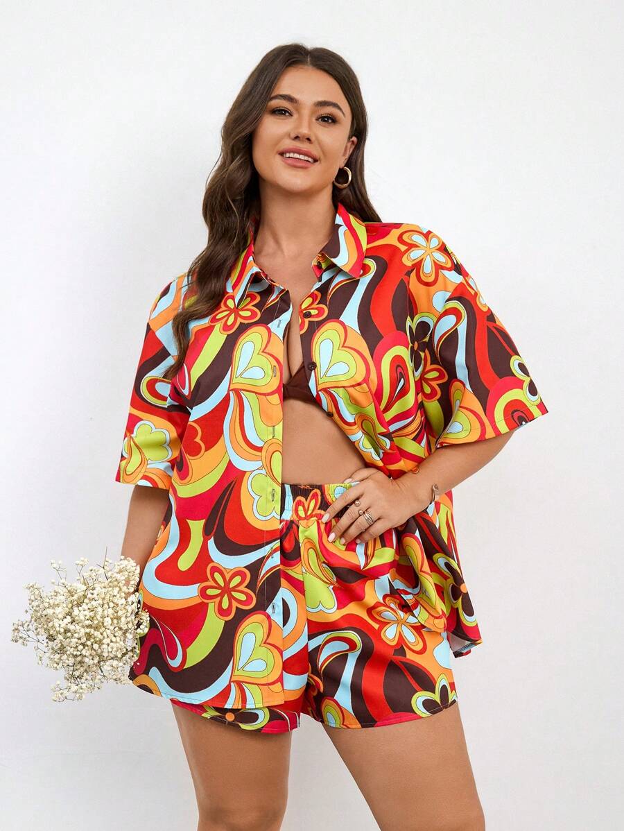 Flirla Bộ 3 món cỡ lớn: Áo trễ vai in hoa + Áo Bandeau + Quần short in hoa, Phong cách ngày lễ thường ngày - Nhiều màu - Xem 1