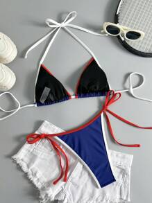 Swim Vcay 2 bộ đồ bơi Tankini Splice dành cho nữ, phong cách đại học tôn dáng khi tắm nước nóng và nghỉ dưỡng bãi biển - Màu xanh hải quân - Xem 2