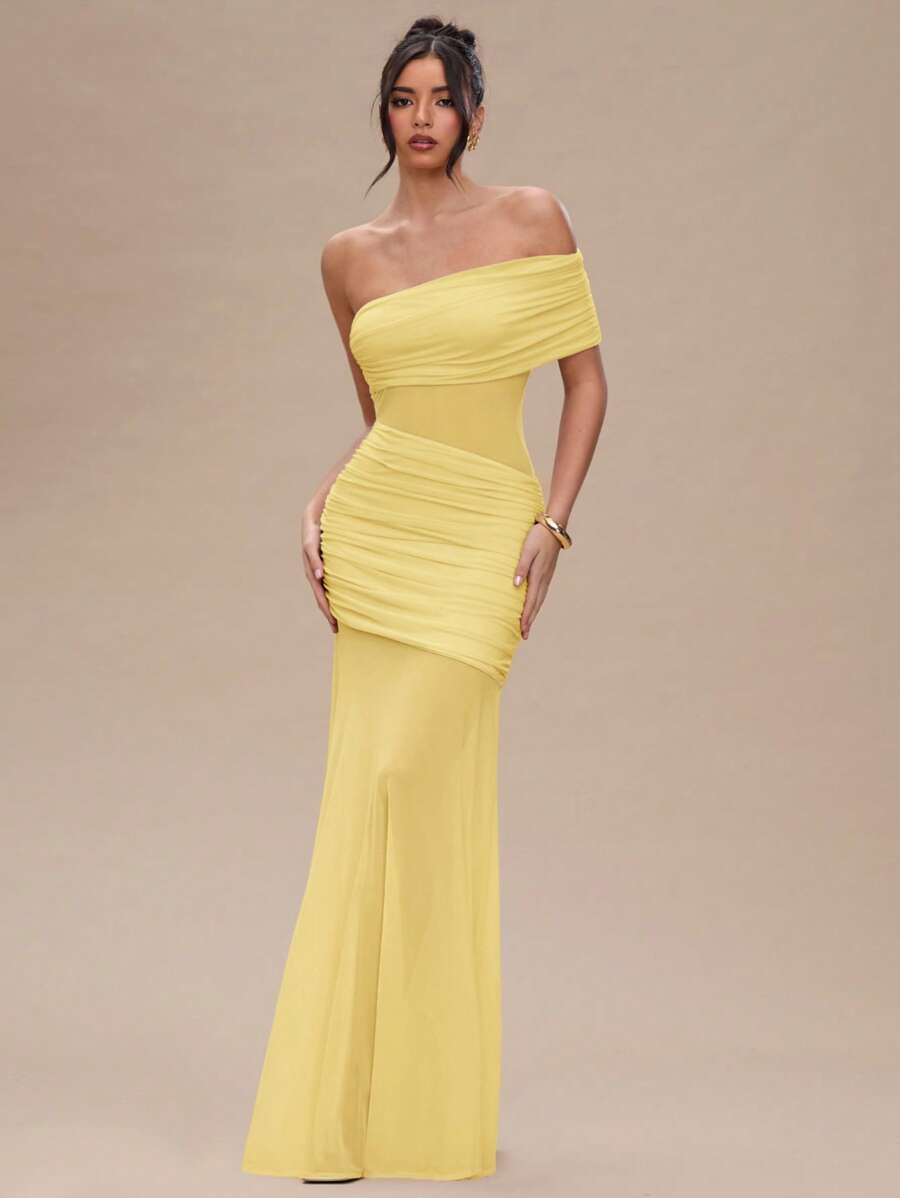 SHEIN BAE Váy dài xếp ly màu mơ trơn gợi cảm xuyên thấu cho nữ mùa hè - Màu vàng - Xem 1