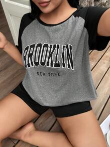 SHEIN Conjunto de pijama de talla grande con estampado de letras en color contrastante, conjunto - Multicolor - Ver 4