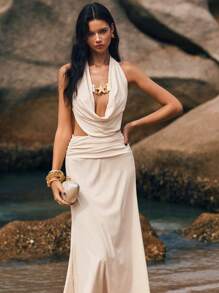 Poéselle Vestido con cuello drapeado, espalda descubierta y tirantes anudados, estilo bohemio para la playa, para mujeres - Albaricoque - Ver 6
