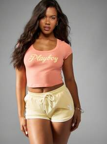 Missguided x Playboy Curve Hugging Baby Tee Crop Top Fitted Scoop Neck Short Sleeve Cotton Blend Summer Essential Athletic Lounge Active Wear