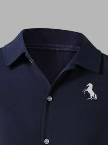 SHEIN 青少年男孩休闲绅士风长袖刺绣马匹衬衫 - 藏蓝色 - 查看 6