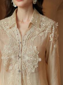 Anewsta Camicetta in pizzo testurizzato con maniche lunghe e design morbido, adatta per l'estate, look versatile