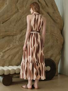 EMERY ROSE 女士春夏梭织褶皱无袖圆领休闲度假连衣裙 - 棕色 - 查看 4