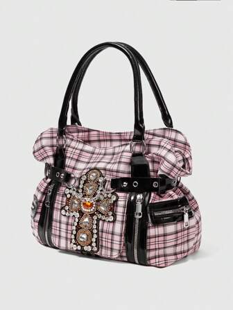 Grunge Punk Punk Style Cross Zipper Design Large Capacity Tote Bag