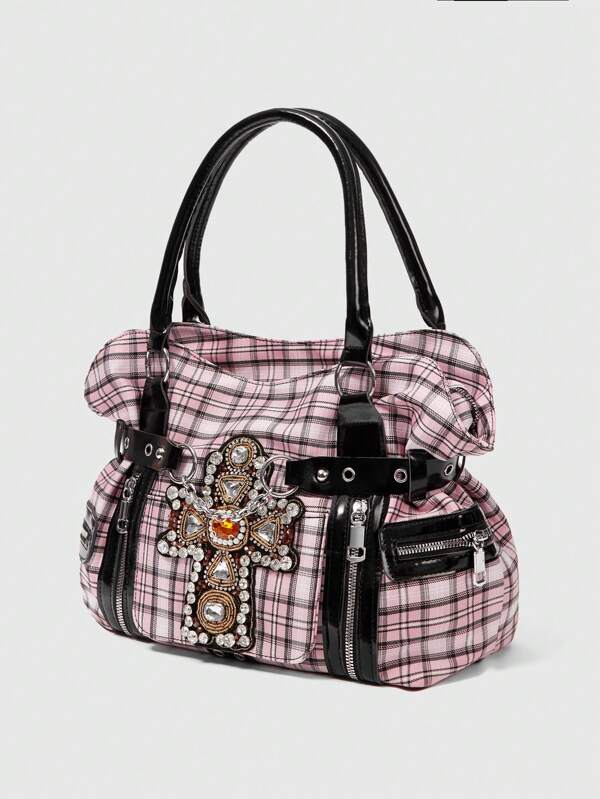 ROMWE Grunge Punk Geantă tote de mare capacitate cu design cu fermoar în cruce în stil punk