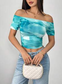 SHEIN Unity 女士扎染露肩褶饰短袖T恤 - 薄荷藍 - 查看 5