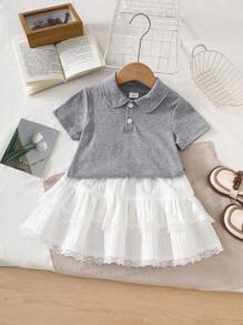 2 Stücke/Set Jacquard Grau Kragen Strickjacke T-Shirt & Weiß Volant Rock Anzug für Kleine Mädchen, süßer Academia Stil für Sommer Lässig Ausflüge, Rückkehr zur Schule - Grau - Übersicht 3