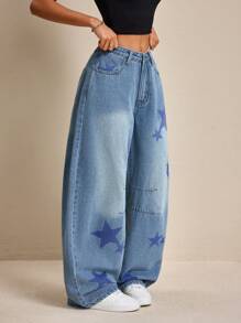 SHEIN ICON 女士休闲水洗星星印花阔腿牛仔裤 - 藍色 - 查看 4