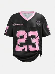 SHEIN Tween Girls' Casual Streetwear V-Neck Knit Splicing Mesh Oversize Loose Bat Sleeve Short Sleeve T-Shirt With Text & Number & Bow Print, Black