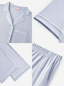 LUVLETTE 柔软100%纯棉撞色滚边短袖基本款纽扣上衣和裤子家居服透气睡衣套装裤子带口袋 - 藍色 - 查看 5