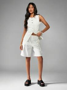 MISSGUIDED 无袖牛仔背心，正面纽扣，实用背心，后背带饰有经典四季外套，现代风格，修身版型 - 白色 - 查看 5