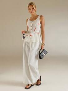 Avantive Summer New Square Neckline Sleeveless Printed A-Line Women Top - Red and White - View 5