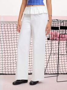 SHEIN MOD White Pleated Ruffle Trim Adorable Straight Leg Pants - White - View 4