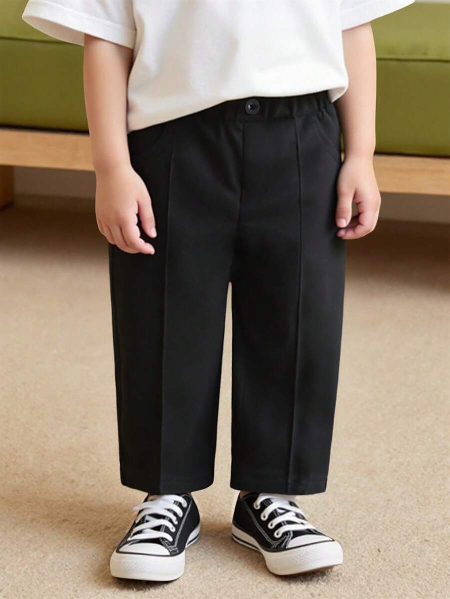 SHEIN 幼儿男童休闲纯色梭织宽松腰带松紧腰裤，适合春夏秋季户外穿着 - 黑色 - 查看 1