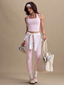 Easify SHEIN Sport Women's Pink Adjustable Halter Loose Fit Backless Casual Comfortable Waist Drawstring Sports Vest, Spring/Summer