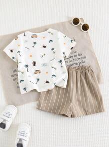 Cozy Pixies 2pcs/Set Baby Boy Cartoon Animal Graphic Soft Knit Turndown Collar Short Sleeve Top And Elastic Waist Shorts