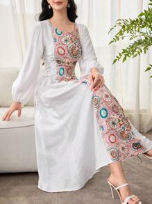 SHEIN Najma 优雅复古印花拼布侧系带束腰女式连衣裙，端庄 - 白色 - 查看 5