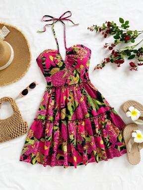 Soleia Vestido de fiesta bohemio de verano para mujer con estilo de vacaciones, cuello halter cruzado, dobladillo con volantes, diseño de paraguas decorativo, sobre base negra con estampado tropical colorido de flores y frutas, ideal para boda, playa, festival de música occidental