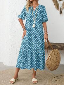 EMERY ROSE Women's Geometric Print V-Neck Short Puff Sleeve Long Dress - Blue - View 4