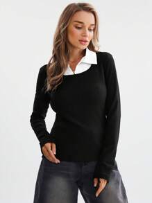 SHEIN LUNE Early Autumn New Style Knit Patchwork 2 In 1 Ladies Tops T-Shirt - Black and White - View 4