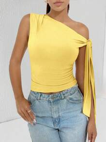 SHEIN PETITE Solid Color Asymmetrical Shoulder Tie Up Blouse, Yellow Top Fashionable Summer Item