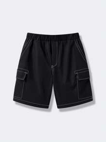 SHEIN Leap Crew Teen Boy's Casual Street Chic Solid Color Straight Cut Loose Shorts, Comfortable For Commuting, School, Casual, Vacation, Sports, Suitable For Spring & Summer - Black - View 2