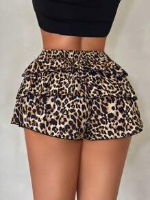 SHEIN SXY Summer Casual Home Leopard Print Ruffle Trim Layered Skorts - Multicolor - View 2
