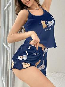 Cute Cat Print Ruffle Trim Camisole And Shorts Sleepwear Set - Multicolor - View 4