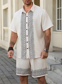 Manfinity Homme Plus Size Men's Short Sleeve Shirt And Shorts Set, Fashionable For Summer It Is Great For Couples And Makes An Excellent Gift Idea For Boyfriends Or Husbands.