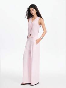 LYSMO 2025春夏新品女士复古风亚麻背心，前后拼接条纹设计和复古渐变效果，V领无袖系带腰部不对称门襟短款背心。简约百搭，修身剪裁，非常适合秋冬休闲商务风格和轻松的办公室穿着 - 藍色 - 查看 5