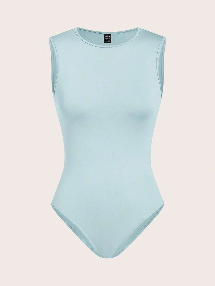 SHEIN BASICS 女士休闲无袖纯色紧身衣，夏季 - 藍色 - 查看 1