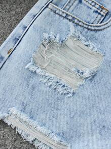 SHEIN Teen Girls Distressed Frayed Hem Denim Shorts - Light Wash - View 3