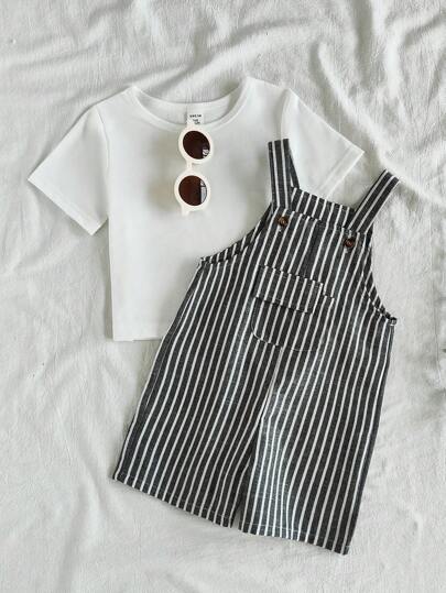 Vintaside Kids 男婴撞色条纹背带裤搭配休闲T恤套装，夏季
