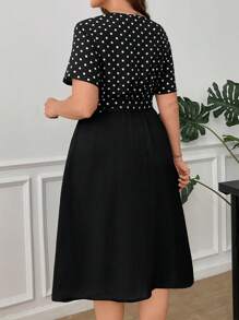 SHEIN Clasi Plus Size Women's Polka Dot Print Patchwork Zipper Casual Black And White Summer Elegant Everyday Dress,Solid Color Gown,Business Work Clothing - Black and White - View 2