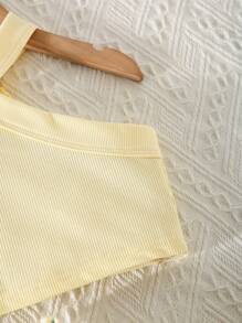 SHEIN Genkimix Kids 2pcs/Set Young Girls' Vacation Casual Sleeveless Solid Tank Top And Elastic Waist Ditsy Floral Layered Ruffled Skirt Set, Summer - Mustard Yellow - View 3