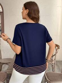 SHEIN LUNE Große Größen Kontrast Gestreiftes Taschen Lässig T-Shirt, Western Wear Boho Bohemian 90er Jahre Festival Sommer Ausgehshirt - Verschiedenfarbig - Übersicht 2