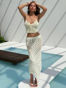 Aloruh 女式纯色松紧腰镂空设计修身半身裙 - 白色 - 查看 5