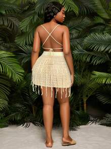 SHEIN SXY 2 件套大码女式 2025 春夏新款度假 3D 花卉 + 渐变色 + 镂空设计喇叭袖短款上衣和美人鱼裙套装，适合海滩度假、约会之夜、生日、单身派对装，可爱、休闲、购物、街头服饰、外出，易于搭配且看起来苗条，突出您的身材，修饰身材 - 杏色 - 查看 2