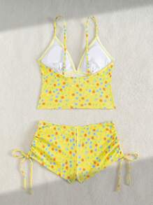 Swim Mod 2 件清新碎花分体比基尼套装：带蝴蝶结装饰的吊带泳衣，甜美女孩海滩度假海洋巡游泳池派对女式泳衣