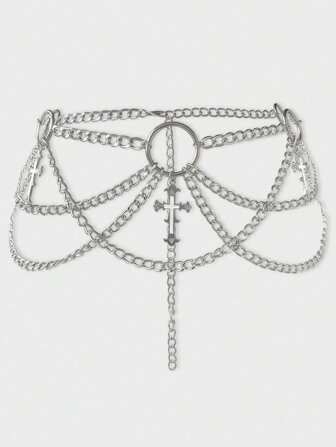 Goth 1 pieza Cinturón de mujer de 3 capas con diseño de cruz gótica, accesorio versátil para vestir en plata y negro