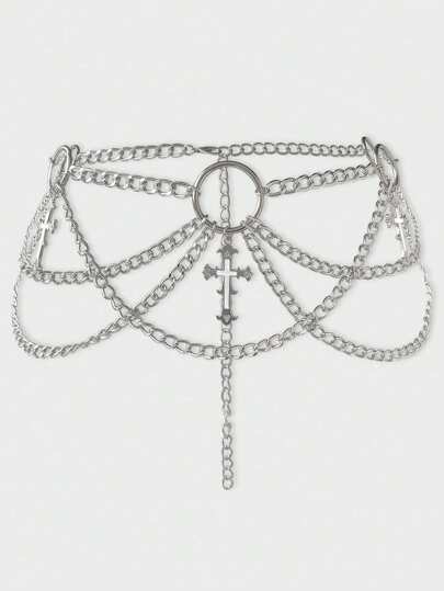 1pc Women Gothic Cross Design 3-Layer Chain Belt, Silver & Black Versatile Dress Accessory, Halloween