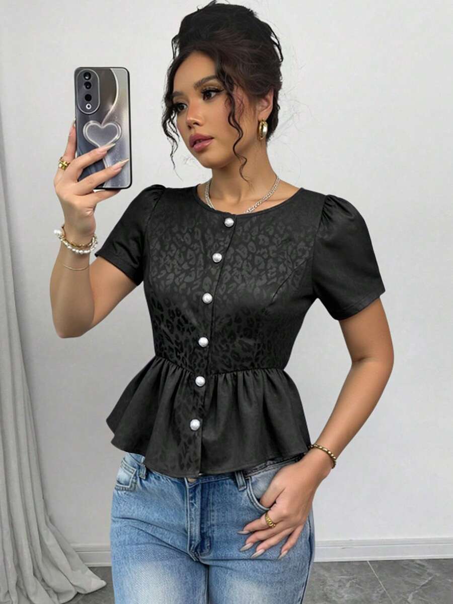 Breezaya Women's Leopard Jacquard Round Neck Puff Sleeve Ruffled Hem Elegant Blouse - Black - View 1
