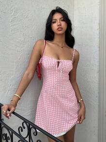 Aloruh Đầm bodycon hở lưng in họa tiết kẻ caro dễ thương gợi cảm cho nữ - Hồng - Xem 6