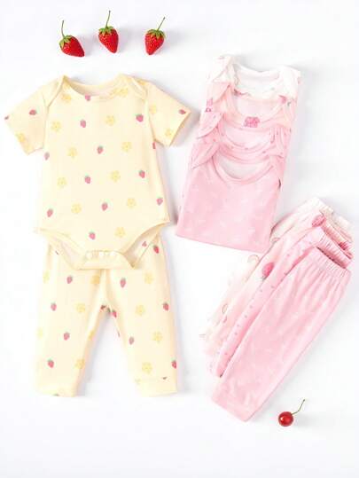 SHEIN 5件套新生儿女宝宝0-9个月休闲日常百搭可爱卡通草莓、彩虹、蝴蝶结印花短袖连体衣和裤子套装，柔软针织面料，春夏款
